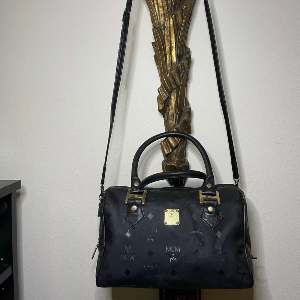 Authentic MCM Visetos Vintage PVC Leather Boston Hand Bag Black